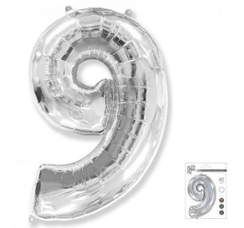 Цифра 9 Серебро в упаковке / Nine, фольгированный шар