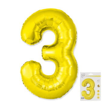 Цифра 3 Золото SLIM в упаковке, фольгированные шары