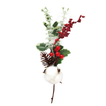 Ветка хлопка искусственная с красными ягодами, шишкой, остроконечным листом