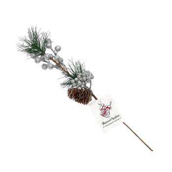 Ветка ели искусственная с серебряными ягодами и шишкой