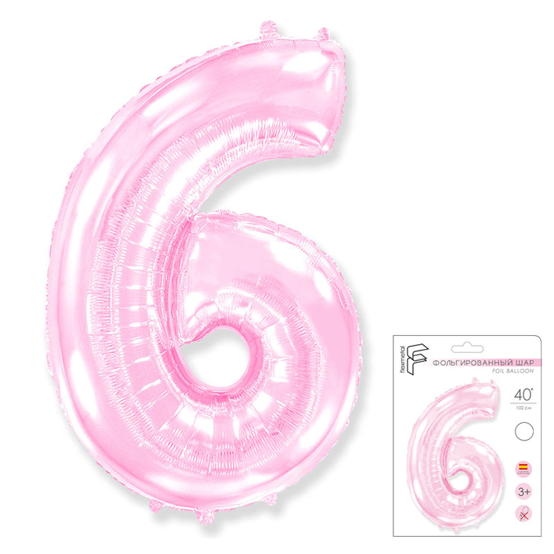 Цифра 6 Розовая в упаковке / Six, фольгированный шар