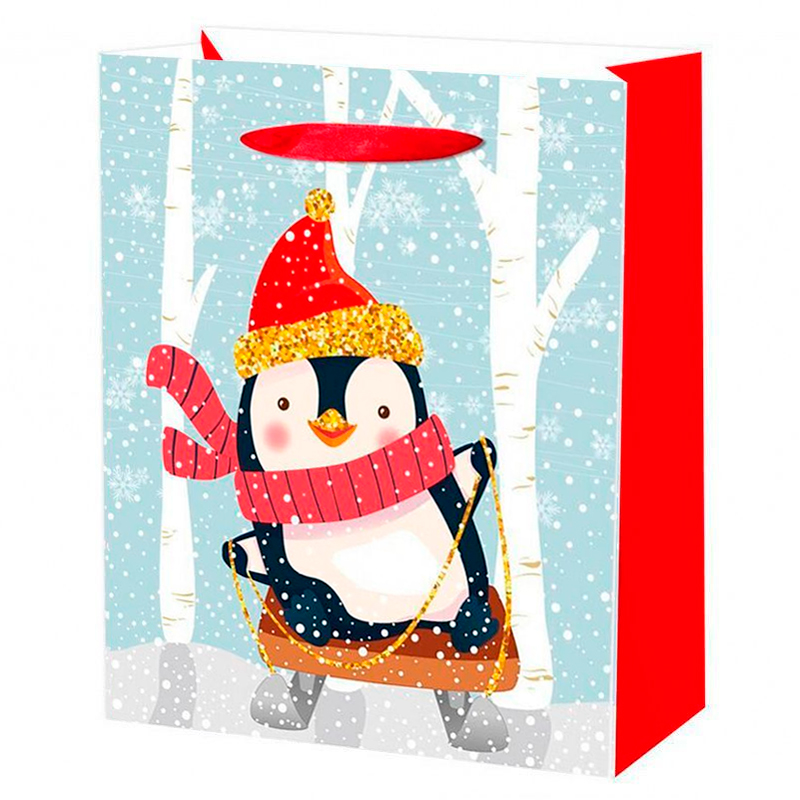 Пакет подарочный "Пингвин на санках" Тиснение фольгой