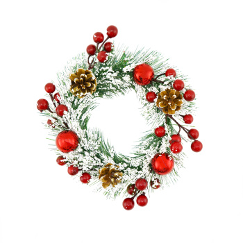 Новогодний венок с декором Заснеженный Ягоды и шишки 