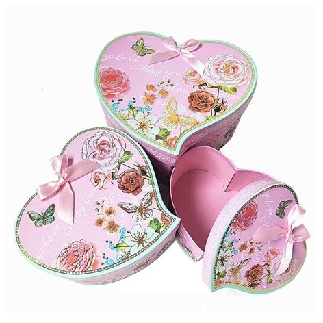 Набор подарочных коробок 3 в 1 "Винтажные цветы" Розовый с бантом