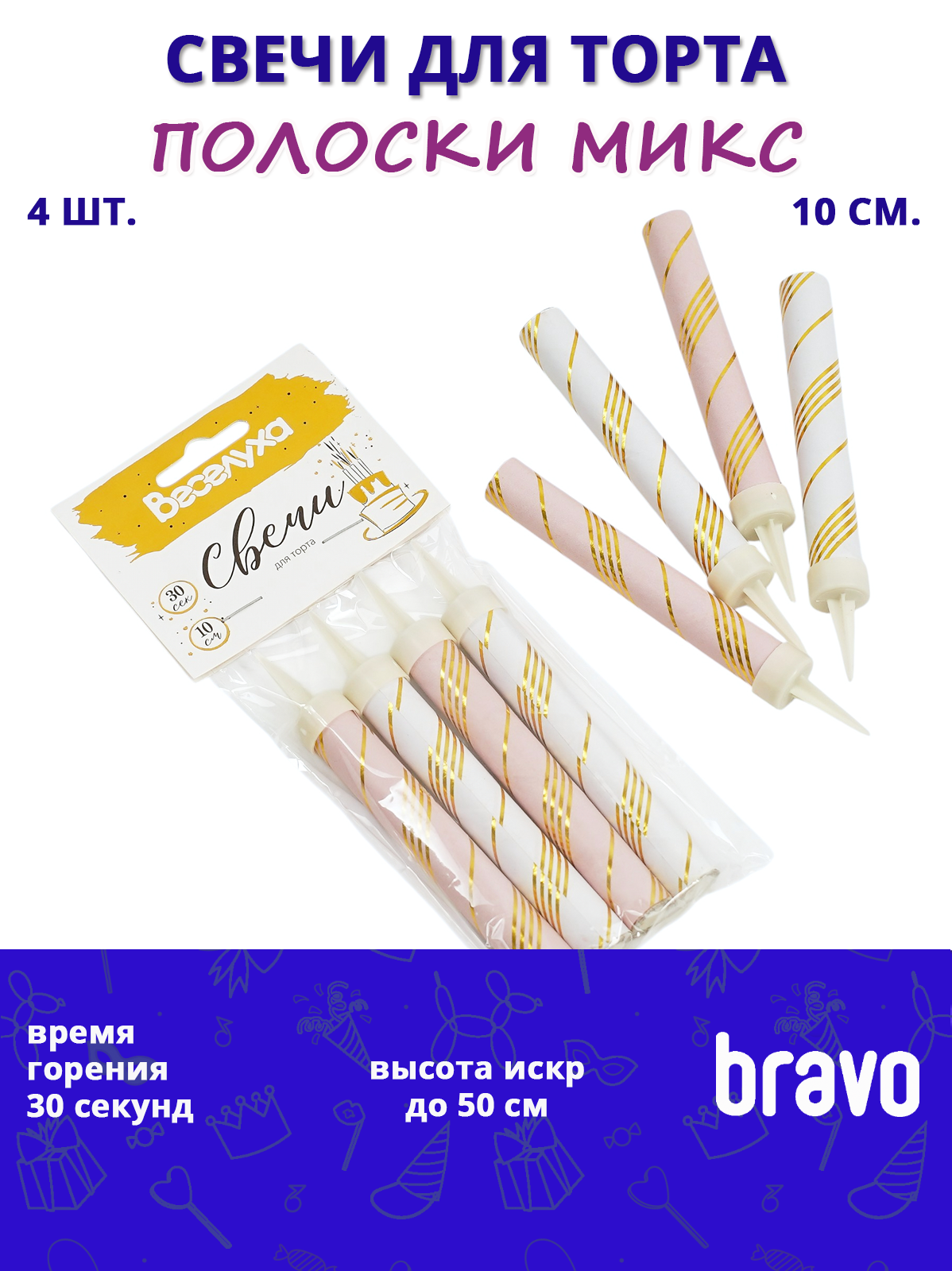 Тортовая свеча "Полоски" Микс Нежно-розовый и белый с золотой печатью, 30 сек.