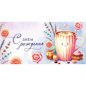 Конверт для денег С Днем Рождения, кофе и сладости