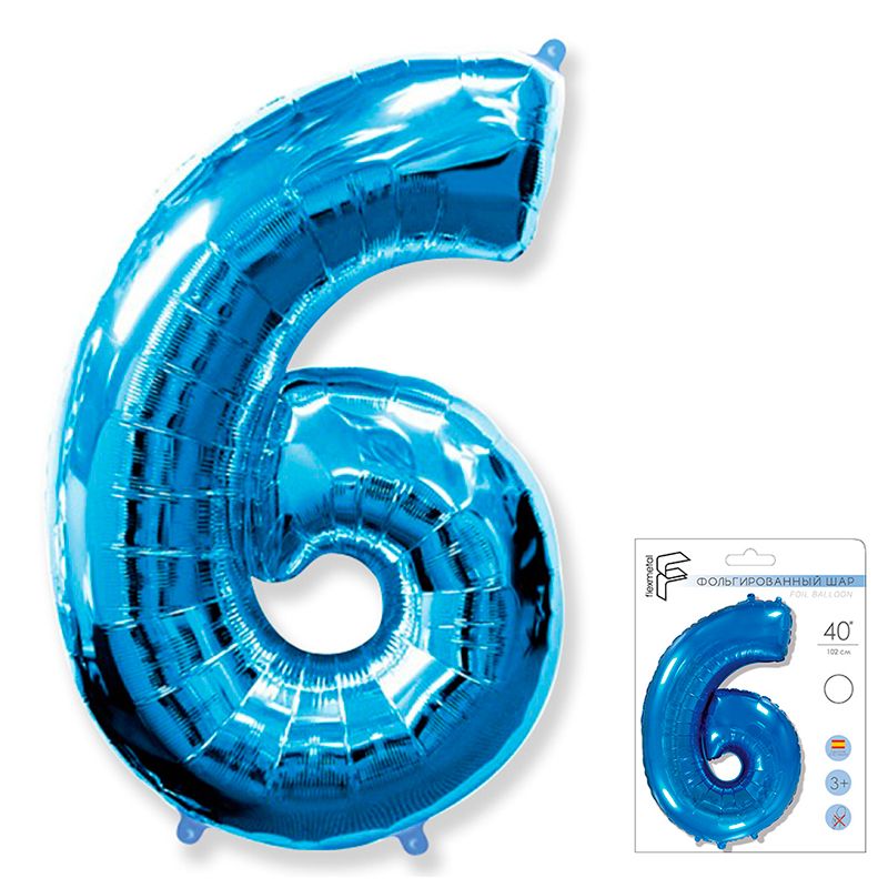 Цифра 6 Синяя в упаковке / Six, фольгированный шар