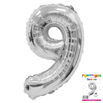 Цифра 9 Серебро в упаковке, фольгированный шар