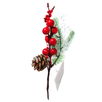 Ветка ели искусственная с красными ягодами и шишкой