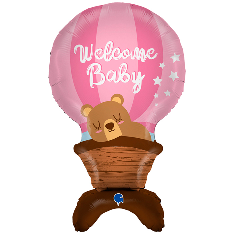 Мишка на воздушном шаре "Добро пожаловать малышка" в упаковке, фольгированный шар