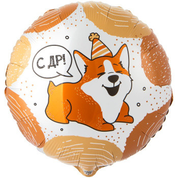 Круг с корги "С днем рождения! Ваф!" в упаковке, фольгированный шар