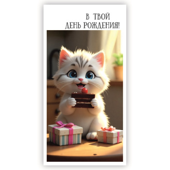 Конверт для денег "В твой день рождения". Котик с тортом