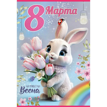 Открытка  "8 марта. Привет, Весна" Зайчик с тюльпанами
