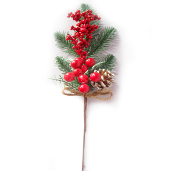 Ветка ели искусственная с красными ягодами и шишкой