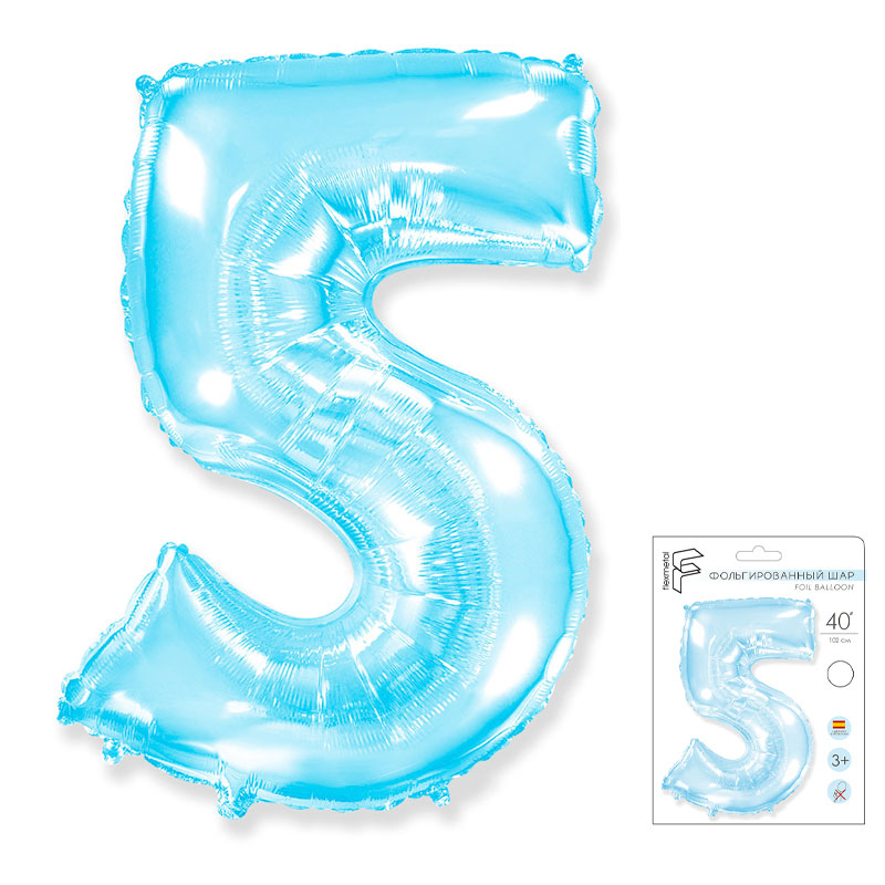 Цифра 5 Светло-голубая в упаковке / Five, фольгированный шар