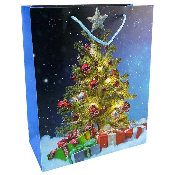 Пакет подарочный "Новогодняя елка" с глиттером Голубой