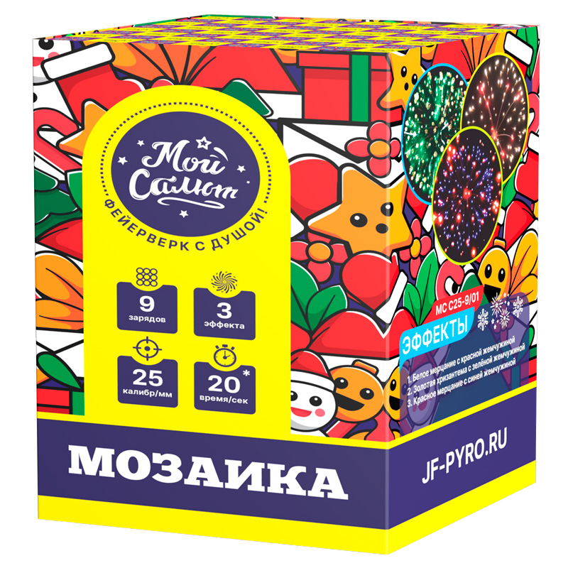 Батарея салютов "Мозаика" 1" 9 выстр., 20 сек., 3 эффекта (артикул MC C25-9/01)