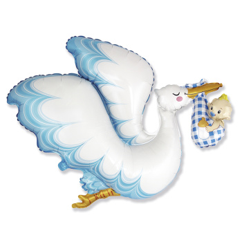 Аист с ребенком Голубой, фольгированный шар