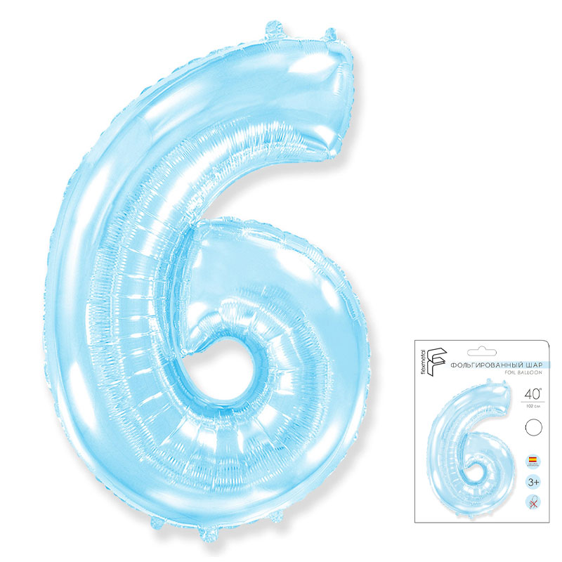 Цифра 6 Светло-голубая в упаковке / Six, фольгированный шар