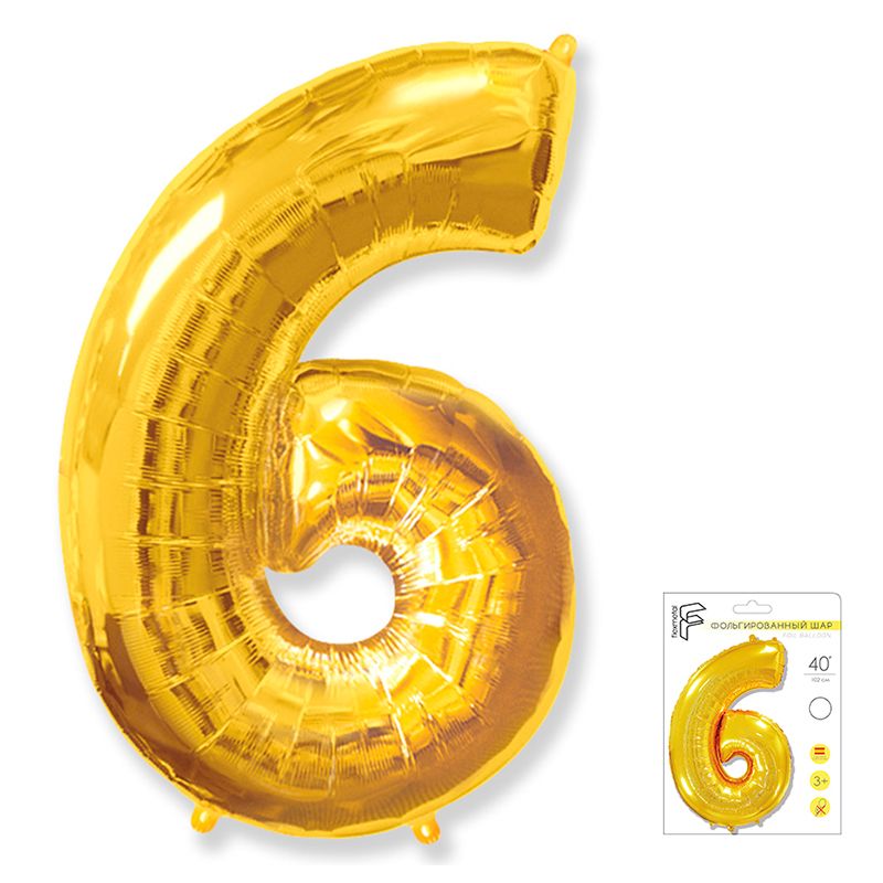 Цифра 6 Золото в упаковке / Six, фольгированный шар