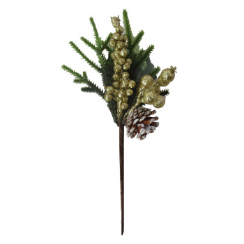 Ветка ели искусственная с золотыми ягодами и шишкой