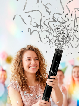 Пневмохлопушка "Поздравляем!" Серебряный серпантин с серебряной  печатью