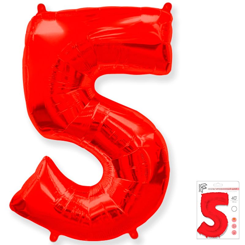 Цифра 5 Красная в упаковке / Five, фольгированный шар
