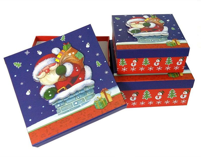 Набор коробок 3 в 1 "Дед Мороз с подарками" с объемным декором и глиттером / квадрат