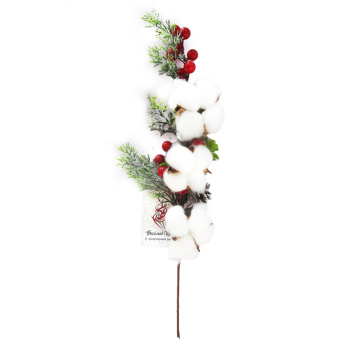 Ветка хлопка искусственная с красными ягодами и шишкой