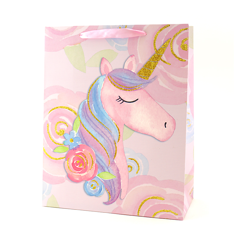 Пакет подарочный "Единорог с цветами" Розовый с глиттером