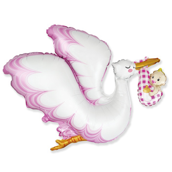 Аист с ребенком Розовый, фольгированный шар