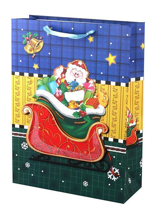 Пакет подарочный "Дед Мороз с подарками" с глиттером Объемный