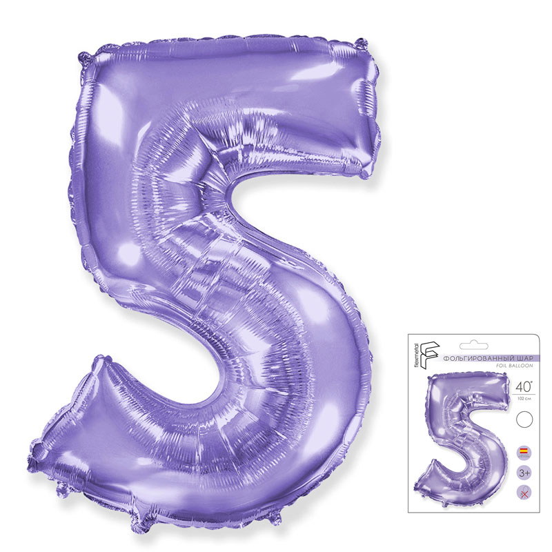 Цифра 5 Сиреневая в упаковке / Five, фольгированный шар