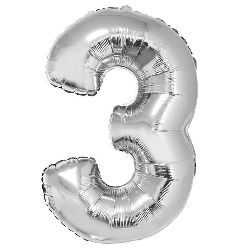 Цифра 3 Серебро в упаковке / Three, фольгированный шар