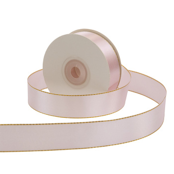 Лента Атлас с золотой нитью Розовая пудра