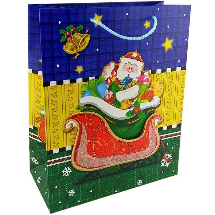 Пакет подарочный "Дед Мороз с подарками" с глиттером Объемный