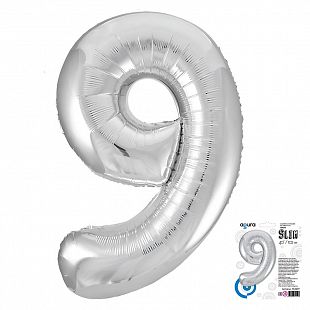 Цифра 9 Серебро Slim в упаковке, фольгированный шар