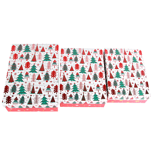 Набор подарочных коробок 3 в 1 "С Новым Годом! Разноцветные елки", Бело-красный, Тиснение фольгой