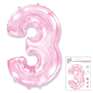 Цифра 3 Розовая в упаковке / Three, фольгированный шар