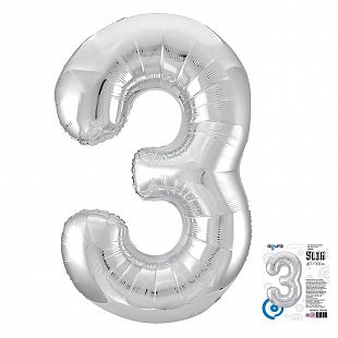 Цифра 3 Серебро Slim в упаковке, фольгированный шар