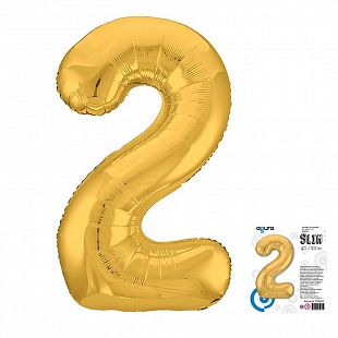 Цифра 2 Золото Slim в упаковке, фольгированный шар