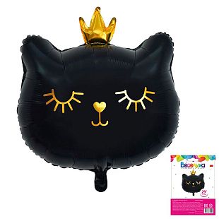 Котенок принцесса черный голова в упаковке, фольгированный шар