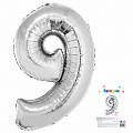 Цифра "9" Серебро в упаковке / Nine, фольгированный шар
