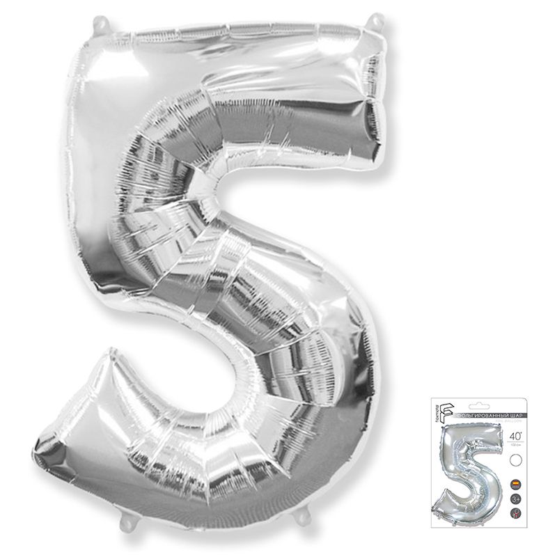 Цифра 5 Серебро в упаковке / Five, фольгированный шар